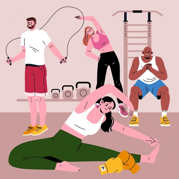 Illustration of a person performing functional movement exercises with training session cards in the background